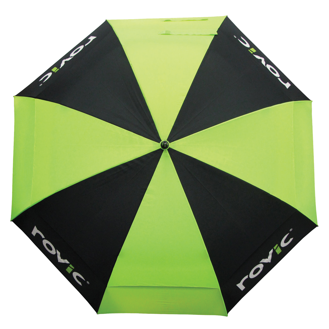 Green and black umbrella with 'rovic' branding on a white background