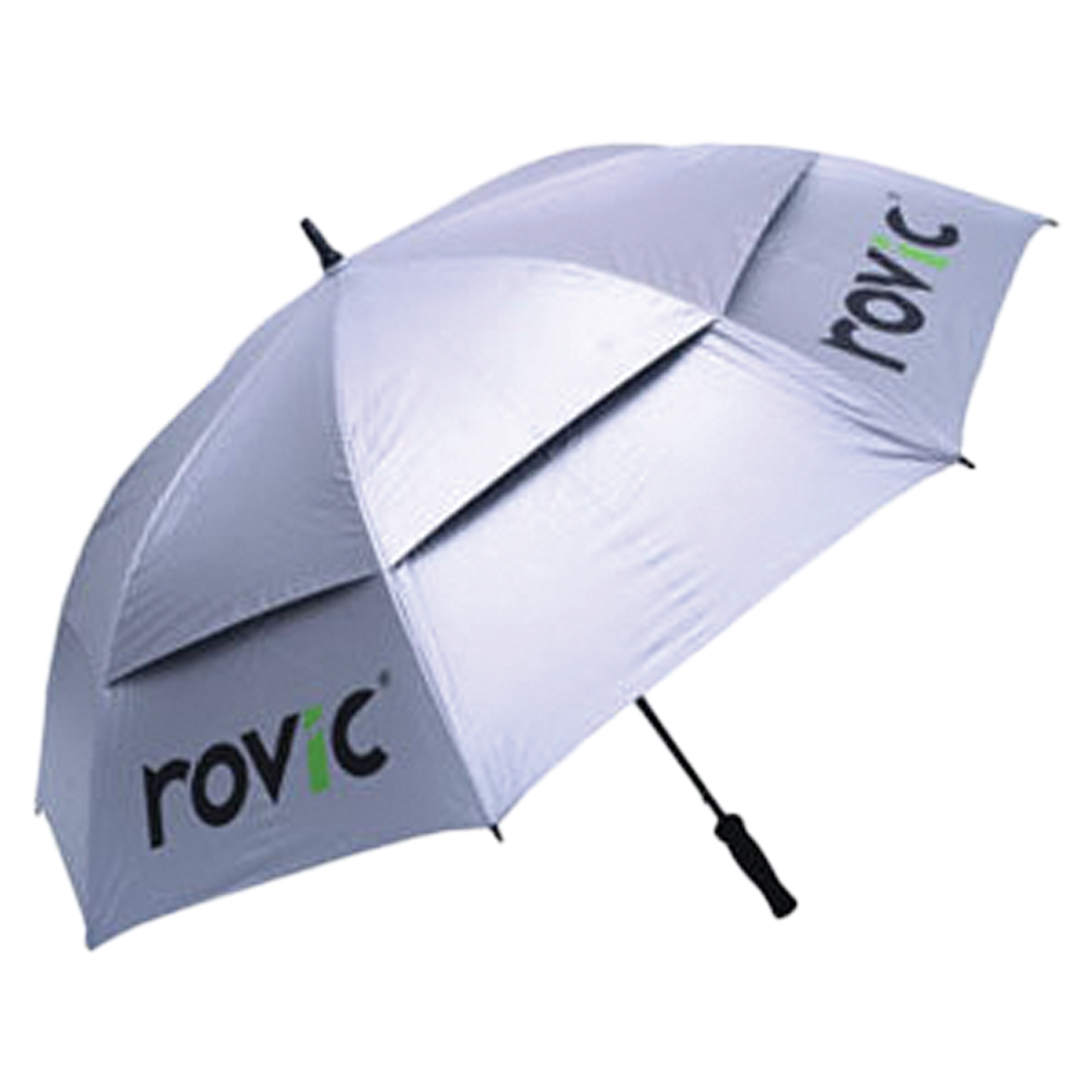 Gray and white umbrella with 'rovic' branding on a white background
