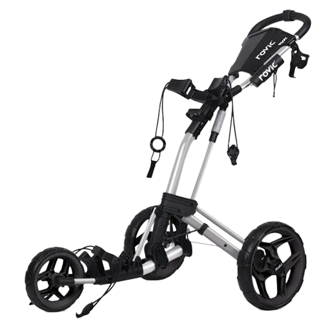 Silver and black golf push cart with 'Rovic' branding on a white background