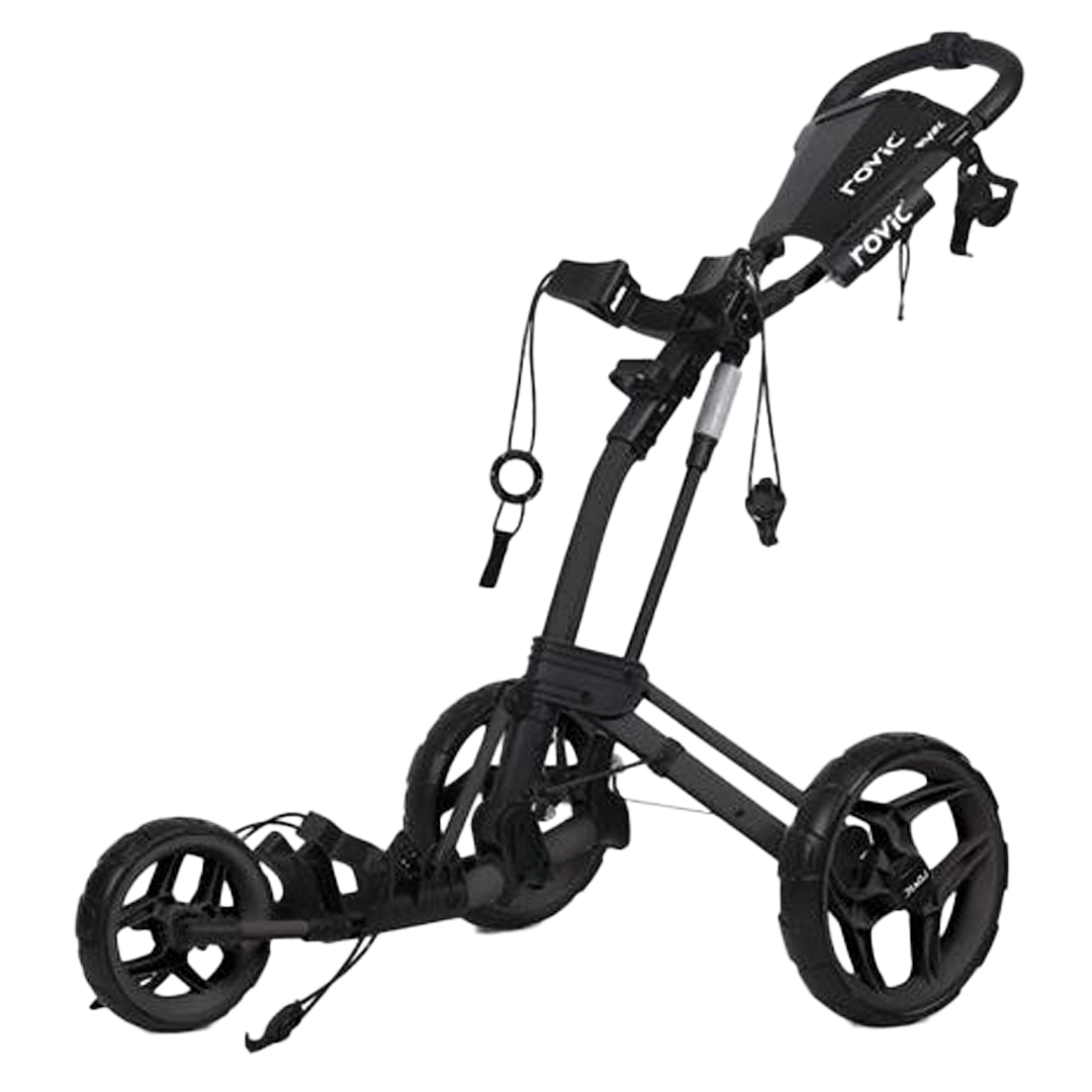 Black golf push cart with 'Rovic' branding on a white background