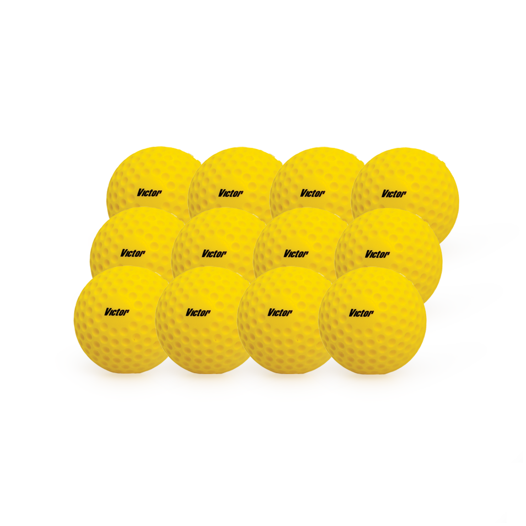  dozen yellow balls with &#39;Victor&#39; branding on a white background