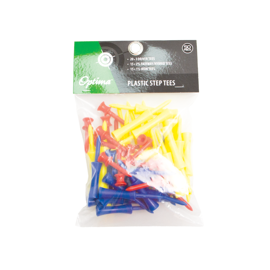 Packaged plastic step tees with Optima branding on a white background