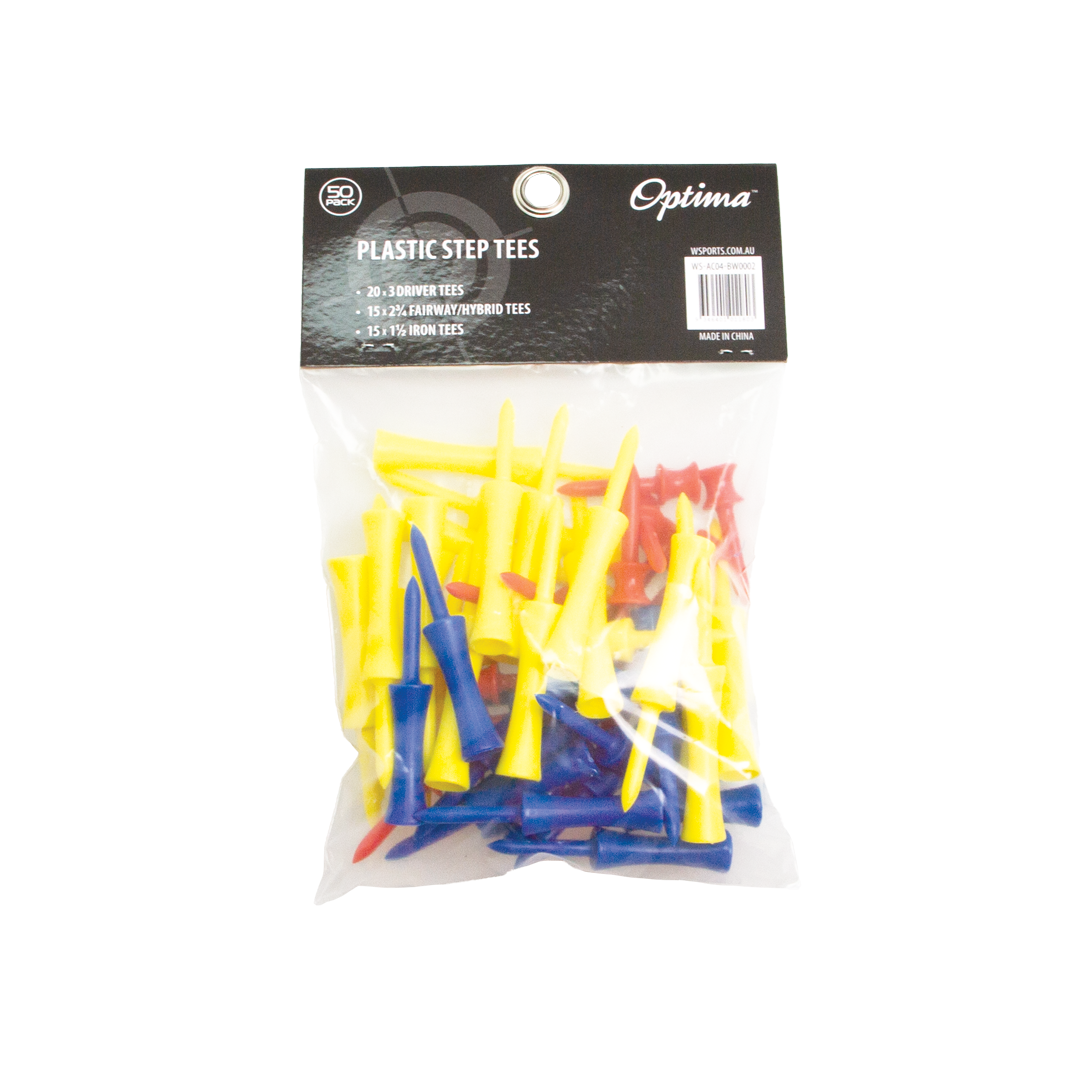 Packaged golf tees with Optima branding on a white background