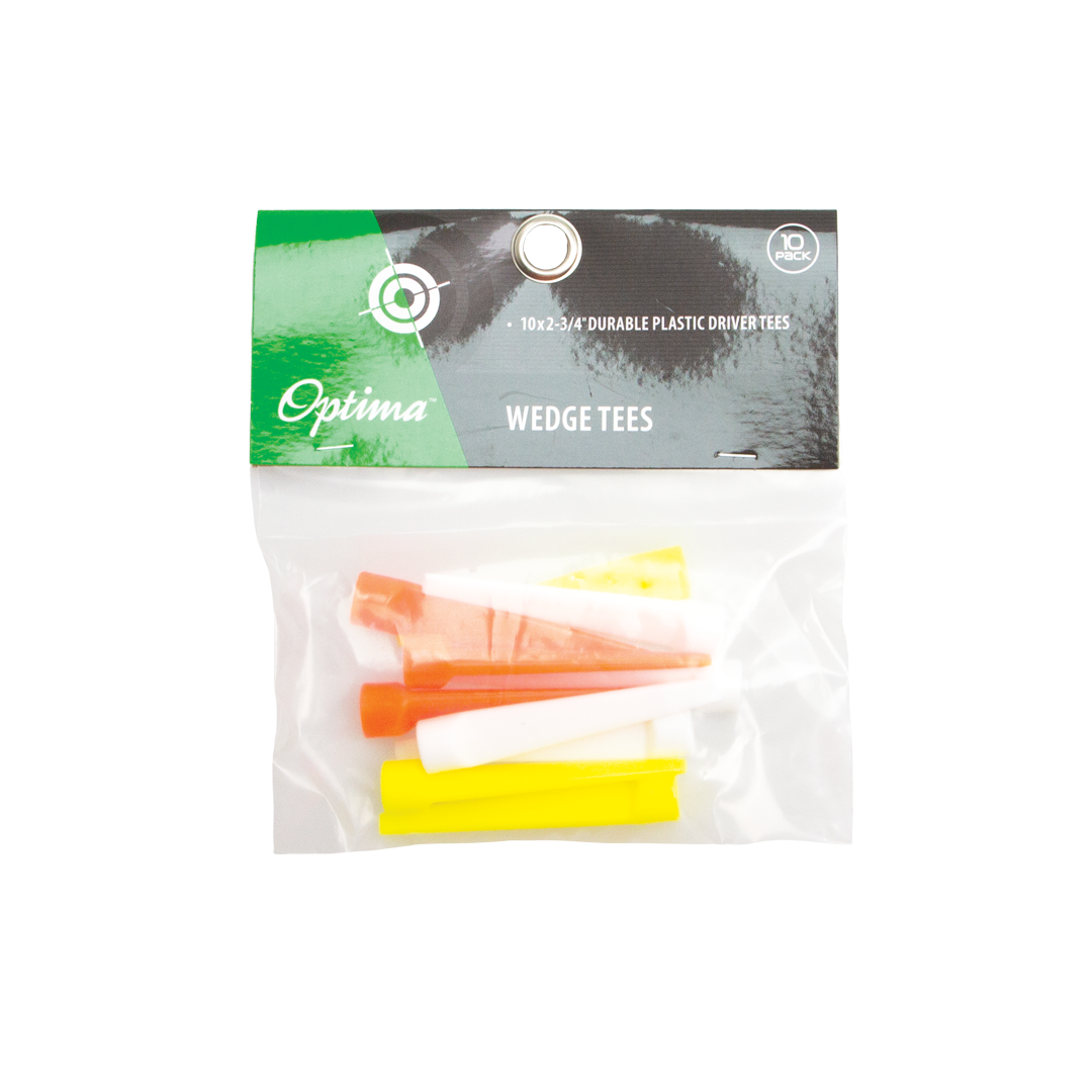 Packaged wedge tees with Optima branding on a white background