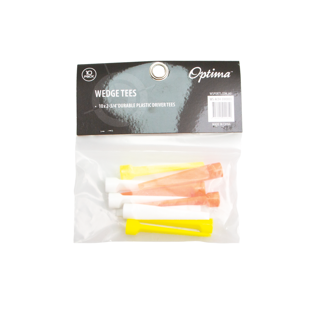 Packaged golf wedge tees with Optima branding on a white background