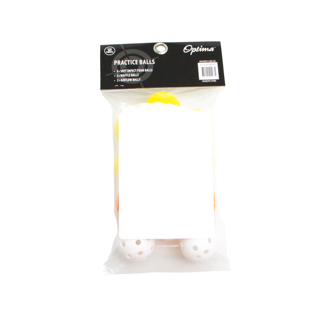 Packaged Optima practice balls with a clear window on a white background