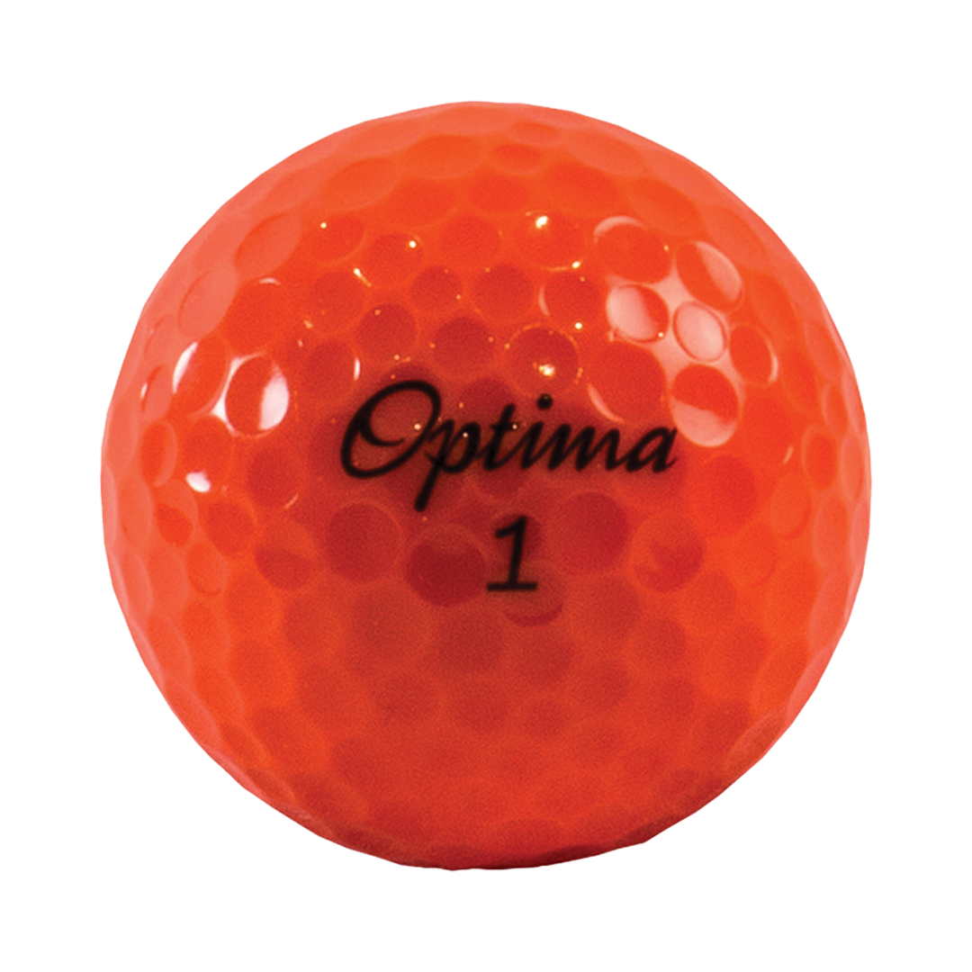 Orange golf ball with 'Optima' branding on a white background
