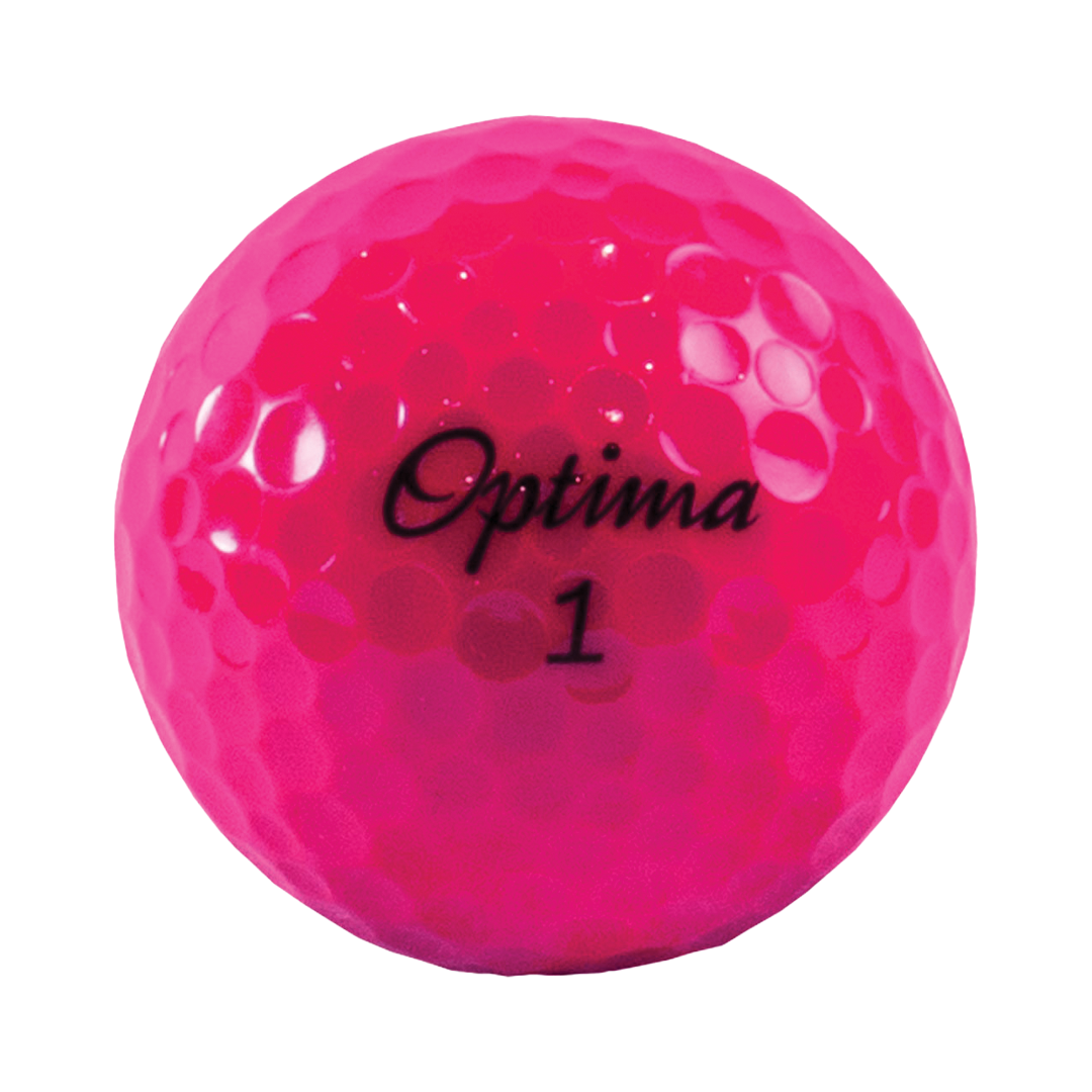 Pink golf ball with 'Optima' branding on a white background