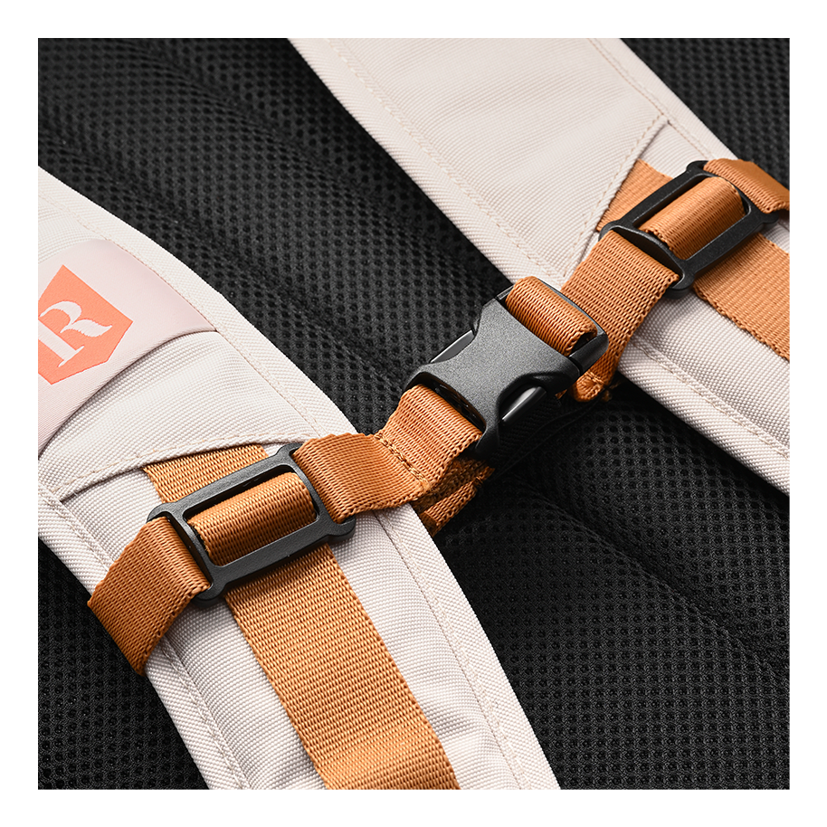 Ritual Covert hockey backpack white with brown straps and a visible brand logo, closeup view