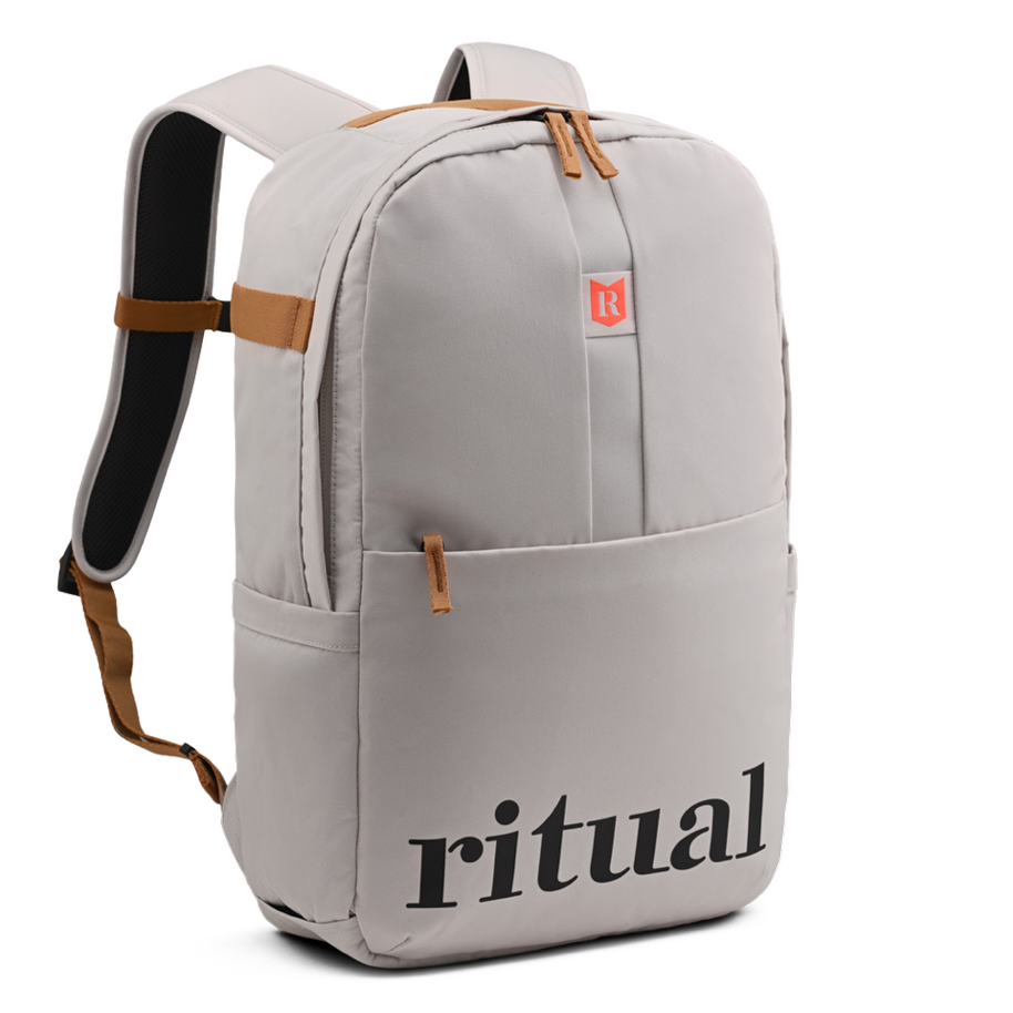 Ritual Covert hockey backpack white withy straps, front and left view