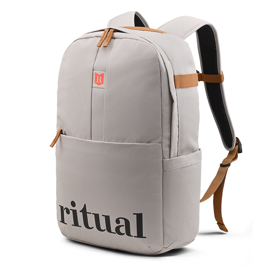 Ritual Covert hockey backpack white with 'ritual' branding, front and right side view
