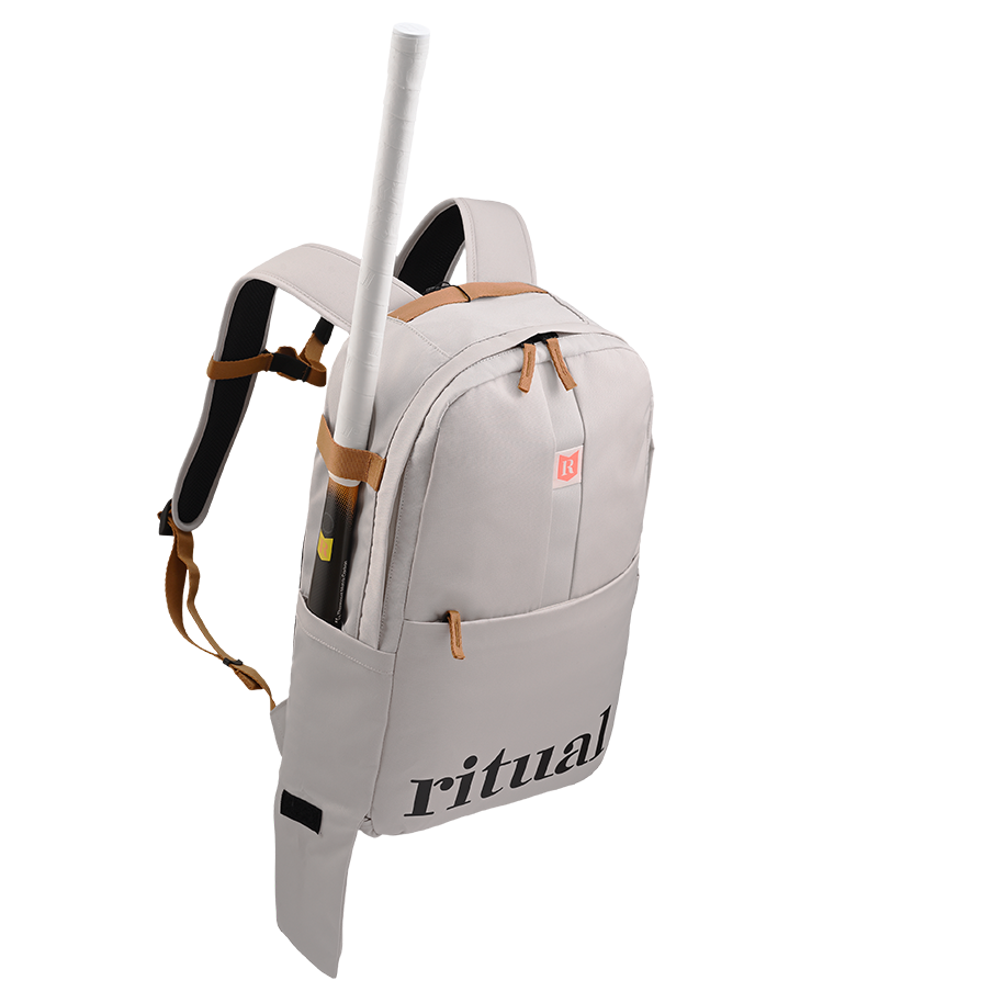 Ritual Covert hockey backpack white with a stick, top view