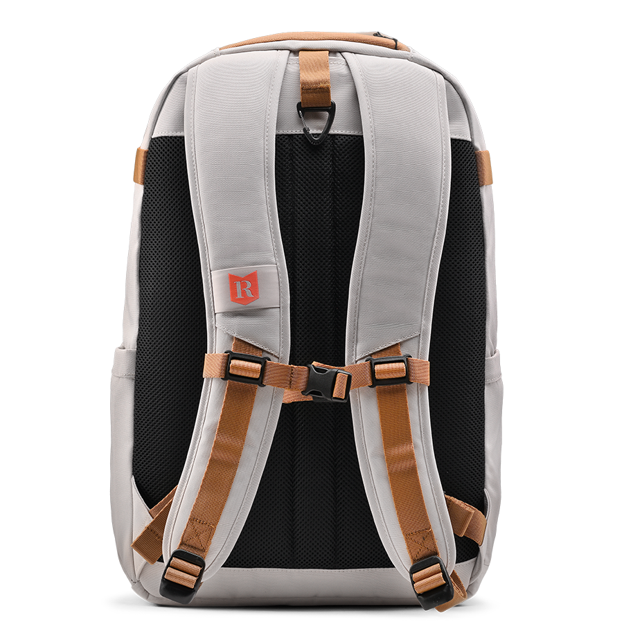 Ritual Covert hockey backpack white with brown straps, full back view