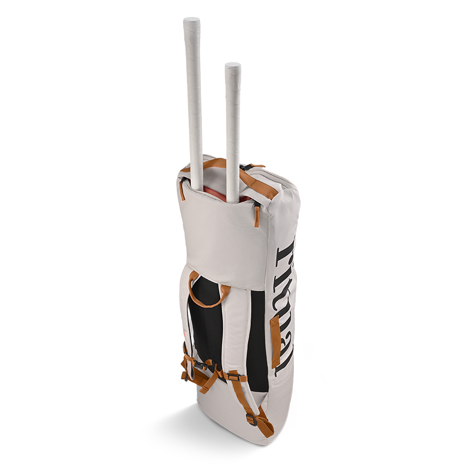 Ritual Mission combo hockey bag white with brown straps and stick, top view