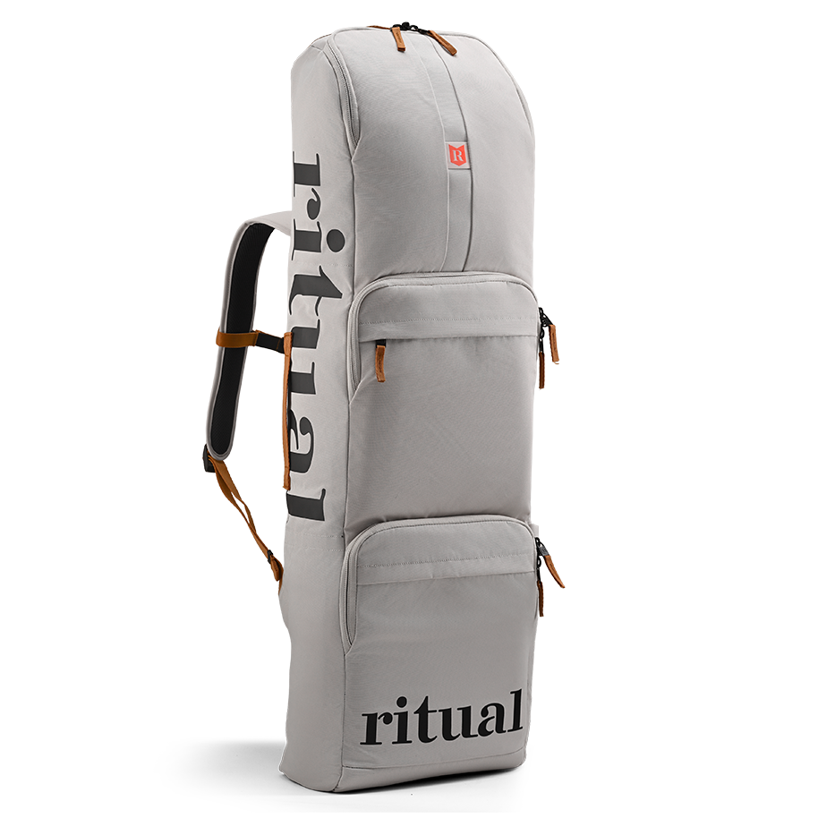 Ritual Mission combo hockey bag white with branding, front and left side view